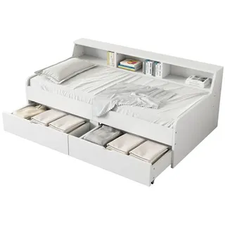 Okwish Rahmenbett Tagesbett 90/200 cm weiß mit zwei Schubladen und Staufach , Weiß , Holz , 90x200 cm , Schlafzimmer, Betten