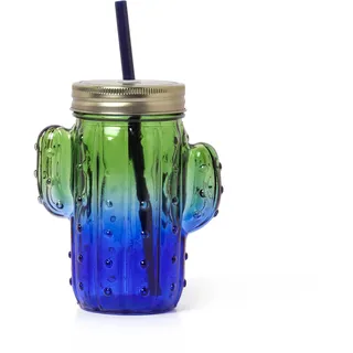Legami - Becher aus Glas mit Deckel und Strohhalm, Cheers, 11 x 14,5 cm, 350 ml, aus Glas, Kunststoff, Edelstahl, Kaktusthema, Bierkrug mit Griff in Form einer Fettpflanze, Schraubverschluss (JAR0002)
