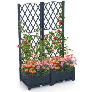 HOMASIS Blumenkasten mit Rankgitter, Pflanzenkasten mit Spalier, Selbstbewässerung, Pflanzkübel Gartenspalier für Kletterpflanzen, Rankkasten Hochbeet für Balkon Garten Terrasse (Grau, 80x40x122cm)