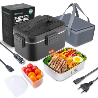 Kimfead Elektrische Lunchbox 80W 1,8L Edelstahl Entnehmbare Tragbarer brotdose 12V/24V/230V Insulated Wärmebox Auto/Lkw/Büro, Mit Isolierter Tasche(1.8L-Schwarz)