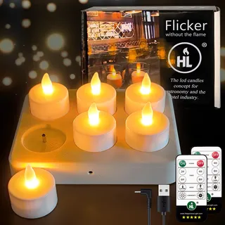 HL Led Teelicht Wiederaufladbar Flackernd mit Fernbedienung und Timerfunktion, 50+Stunden Aufladbare Teelichter mit Ladestation und USB-Kabel für Party Weihnachten Deko, 6 Stück,Gelb