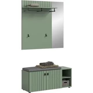 Garderoben-Set inkl. Sitzkissen Station 2-tlg. (B/H/T: ca. 106/192/37 cm) in Smoke Green/Smoke Green , Dunkelgrün , Holzwerkstoff , Recyclingholz , 106x192x37 cm , Garderobe, Garderoben-Sets & Garderoben-Serien, Garderoben-Sets