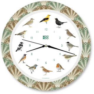 Kookoo Singvögel Quarzwerk Feather Heart, Die Singende Vogeluhr, ist eine Uhr mit 12 heimischen Singvögeln und echten, natürlichen Vogelstimmen, 34cm