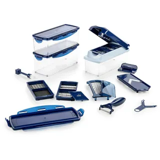 Genius Nicer Dicer Plus (18 Teile) in saphirblau - Obstschneider Zwiebelschneider Pommesschneider Tomatenschneider Gemüseschneider - Würfel, Stifte, Scheiben, Streifen
