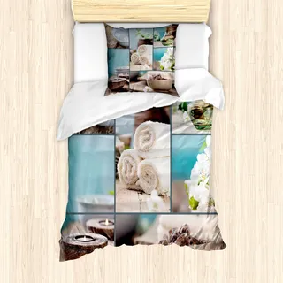 ABAKUHAUS Spa Mantele, Collage Blumen, Milbensicher Allergiker geeignet mit Kissenbezügen, 135 cm x 200 cm - 80 x 80 cm, Blau und weiß - Weiß