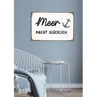 Metallbild QUEENCE "Meer macht glücklich", schwarz (farbe bild(er): schwarz), B:30cm H:20cm, Metall, Stahl, Bilder, Metallbild, Stahlschilder