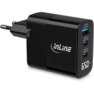 InLine USB PD Netzteil GaN Ladegerät, 3-Port, USB-C + USB-A, 65W, mit Display