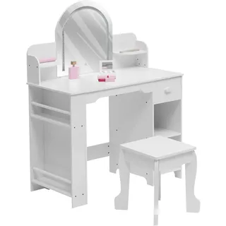 GarveeLife Schminktisch für Kinder mit Hocker und LED-Spiegel, Kleiner Schminktisch mit Schublade und 1 offenen Fächern, für Mädchen von 3-6 Jahren, Weiß