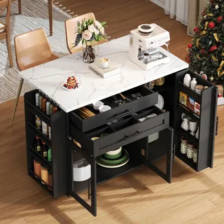 okwish Küchenwagen Klappbare Arbeitsplatte Küchentisch - Zusätzliche Arbeitsfläche - Aufbewahrung mit Schubladen - Rollbar Für Küche Und Esszimmer - MDF Schwarz - Schwarz