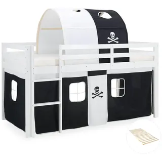 Homestyle4u Hochbett Lattenrost Tunnel 90/200 cm Pirat , Weiß, Schwarz , Holz , Kiefer , 90x200 cm , Babymöbel & Kindermöbel, Kinderzimmer & Jugendzimmer, Kinderbetten, Hochbetten