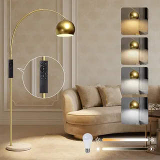Gebogen Stehlampe Modern Golden Einstellbar Stehleuchte Metallschirm und Marmorsockel Dimmbar Bogenleuchte mit Fernbedienung - Gold