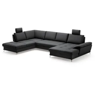 Cavadore Wohnlandschaft Castiel mit Federkern / Sofalandschaft mit großem Longchair, Sitztiefenverstellung, Kopfstützen und satinierten Metallfüßen / 363 x 89-104 x 223 / Echtleder, Schwarz