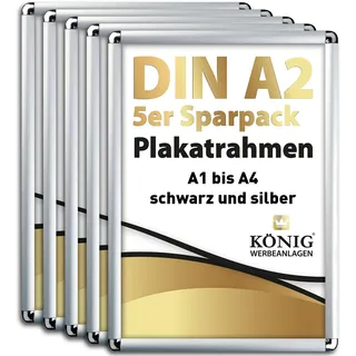 Dreifke 5 Plakatrahmen DIN A2 | abgerundete Ecken | 25mm Alu Profil, silber | inkl. entspiegelter Schutzscheibe | Alu Klapprahmen Wechselrahmen Posterrahmen | 5er Sparpack