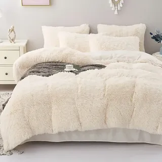 Michorinee Plüsch Bettwäsche 135x200 Winter Flauschig Warme Bettbezug Fleece Flausch Langhaar Kunstfell Plüschbettwäsche Set mit Reißverschluss - 135 x 200 cm + 80 x 80 cm Creme Weiß