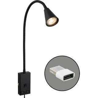 BRILONER - Leselampe mit USB Port, Ein/Aus-Schalter, schwenkbar, Stecker, Wandleuchte Innen, Wandlampe, Bettlampe, Lampe Bett, Leselicht, Nachttischlampe, 50 cm hoch, Schwarz