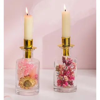 NUPTIO Kerzenständer Stabkerzen mit Trockenblumen Kerzenhalter: 2er Glas Stabkerzenhalter DIY Gold Kerzenhalter Weihnachten Geschenke für Frauen Tischdeko Esstisch Frühling Boho Deko