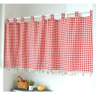 Yaland Elegant Schlaufenschal karo Gardine Karierte Küche Gardine Scheibengardine mit Kugeln-Kante Landhausstil Bistrogardine mit Raffhalter (HxB 40x140cm, rot) 1 Stück