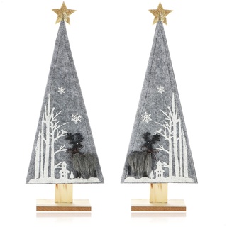 com-four® 2X dekorativer Aufsteller für Weihnachten - Tannenbaum aus Filz mit Fuß aus Holz - Weihnachtsbaum als Deko für Tisch und Fenster (Waldtanne - grau)