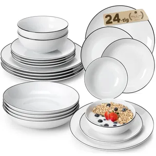 MALACASA Amelia Geschirrset 6 Personen, 24-teiliges Porzellan Teller Set | Tafelservice mit je 6 Speiseteller, Dessertteller, Suppenteller und Müslischalen, Weiß mit schwarzem Rand