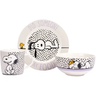 United Labels Snoopy Frühstücksset Kinder, Snoopy Did someone say food, Geschirr Set Porzellan, 3-teilig mit Teller, Schale und Tasse, spülmaschinenfest und mikrowellengeeignet