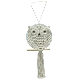 Mimbre Natural Macrame Eule, Makramee-Anhänger, Weiß, mit niedlichem Geflochtenen und Eulenform, ideal für die Dekoration zu Hause (1 x 24 x 50)