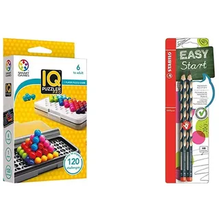 smart games SG455 IQ-Puzzler PRO, Geschicklichkeitsspiel, Reisespiel, Gehirntraining & Ergonomischer Dreikant-Bleistift für Rechtshänder - STABILO EASYgraph in Petrol - Härtegrad HB - 2er Pack