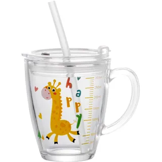ITODA Glas Kinder Wasserbecher 300ml Becher Trinkbecher mit Stroh Trinkglas mit Deckel Messbecher Mikrowellengeeignet Wasserglas Hitzebeständig Saftglas Jungen Mädchen Getränkebecher für Milch Wasser