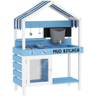 Aiyaplay Matschküche Kinder Outdoor Gartenspielküche mit Herd, Spüle, Zubehör Blau , Holz , 36.5x112x80 cm , Spielzeug, Kinderküchen