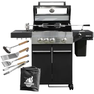 Feuergott Gasgrill Hektor 3B-S inkl. Drehspieß, Abdeckhaube - All Inclusive mit 4 Grill-Utensilien - 3 Brenner, Sear-Brenner, Gusseisenroste, Seitenkocher für Garten und Terrasse
