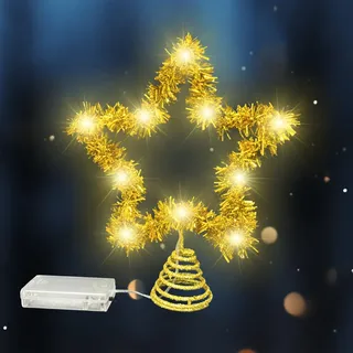 Christbaumspitze Stern, 20 X 25cm Weihnachtsbaumspitze Sterne, mit 10 LED Stern Lametta Christbaumspitze, Glitzernd Weihnachtsbaum zu Weihnachtenspitze, für Christbaumschmuck baumspitze (Gold)