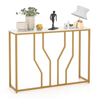 FANTASK Konsolentisch Marmor Optik,110 x 30 x 80 cm, Flurtisch mit geometrischem Metallrahmen, Eingangstisch schmal für Wohnzimmer, Flur, Eingang (Gold + Weiß)