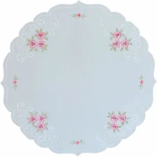 Tischdecke Tischtuch Stickerei Rosen Blüten Frühling Tischläufer Bogenrand 60 cm rund - Weiß