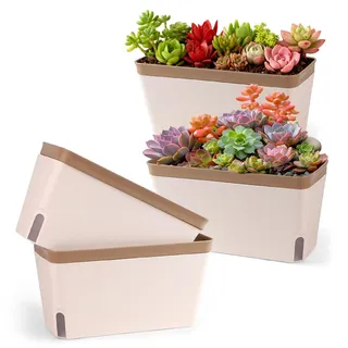 lalago Selbstbewässernder Blumentopf, Set von 4 27cm Blumenkasten Kräutertopf mit ERD-Bewässerungs-System für die Küche, Rechteckige Kunststoff Blumentöpfe für Küche Balkon Fensterbank (Braun)