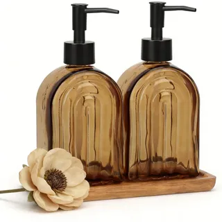 Topsky Seifenspender Glas 2 Stück 400 ml, Spülseifenspender für Küchenspüle und Badezimmer mit Holz-Tablett, Handseifenspender für Küche Arbeitsplatte (Bernstein Regenbogen-Muster)