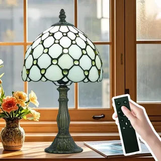Ppbmocw Tiffany-Tischlampe, Metallsockel, E27-Glühbirne Mit Fernbedienung, 8 Zoll Retro Stained Glass Lamp Für Wohnzimmern,Lesezimmern,Schlafzimmern Und Arbeitszimmern Verwendet (E Beige Perlen)