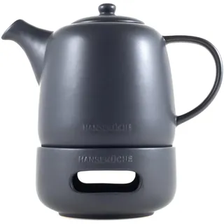 Hanseküche Teekanne mit Stövchen – Hochwertiger Teezubereiter mit Siebeinsatz herausnehmbar aus 304 Edelstahl – Design Teegefäß für Tee und Teebeutel Isolierkanne Teekocher, schwarz,Sieb Tea Pot