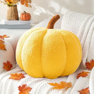Kürbis Kissen Deko, Kürbiskissen Plüsch Pumpkin Herbstdeko Kissen Gelb Kürbis Zierkissen Herbst Deko für Halloween Erntedankfest Sofa Bett Dekoration (Gelb)