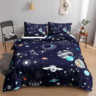 Kinderbettwäsche 135x200 cm Sternenhimmel Galaxie Bettbezug mit Kissenbezug 80x80 cm B-blau