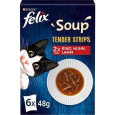 FELIX Soup Tender Strips, Suppe für Katzen, Geschmacksvielfalt vom Land, Rindfleisch, Huhn, Lamm, 8-er Pack (8 Packungen à 48 Gramm)