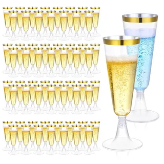 ALEXPRE 100 Stück 150 ml Transparent Sektgläser Plastik mit Goldrand