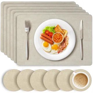 HEFTMAN Beige Tischsets und Untersetzer, Set mit 6 großen PU-Leder-Untersetzern und Tischsets für Tisch, hitzebeständig bis 100 °C, schmutzabweisend, abwischbar, 43 cm x 30 cm