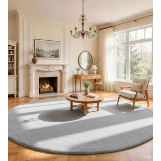 VOFUSHON Kunstfell Teppich Kurzflor Wohnzimmer Rund 90 cm Grau Waschbar | Kaninchenfell-Optik | Maschinenwaschbar & rutschfest | OEKO-TEX zertifiziert | Ideal für Sofa, Schlafzimmer & Kinderzimmer