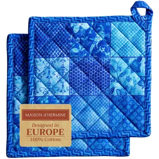 Maison d' Hermine Topflappen, 100% Baumwolle, 2er-Set (20cm x 20cm) Oster-Hotpads, hitzebeständig, mit Schleife-Topfhalter zum Backen, Grillen, Zuhause, Indigo Love – Frühling/Sommer