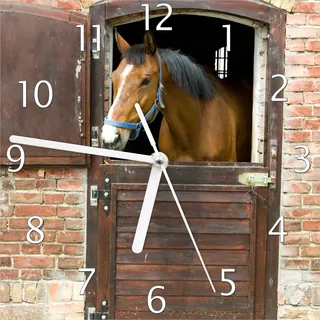 Wallario Design Wanduhr Pferd im Stall aus Echtglas, Größe 20 x 20 cm - Braun