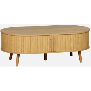 sweeek - Skandinavischer Couchtisch mit geriffeltm Holzlook und 2 Schiebetüren - Natur