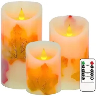 Justup LED-Kerzen, Set von 3 Flackernde Kerzen mit Fernbedienung und Timer, dimmbare LED Säulen Kerzenlicht batteriebetrieben, elektrische Kerzen für Herbst Halloween Thanksgiving Dekor (Ahornblatt)