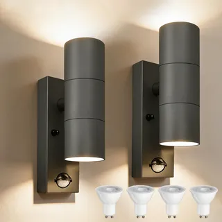 YOVGQOLV PIR Außenlampe mit Bewegungsmelder Up and Down 230V GU10 | Edelstahl Wandlampe Aussen mit 4×5W GU10 Glühbirne(3000 K),IP54 Wasserdichte LED Aussenleuchten Hauswand,2Stück-Anthrazit