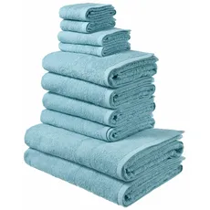 my home Handtuch Set »Inga, Duschtücher, Handtücher, Gästetücher, Seiftücher«, (Set, 10 St., 2 Seiftücher-2 Gästetücher-4 Handtücher-2 Duschtücher), Handtücher mit feiner Bordüre, 100% Baumwolle, einfarbig, weich, blau