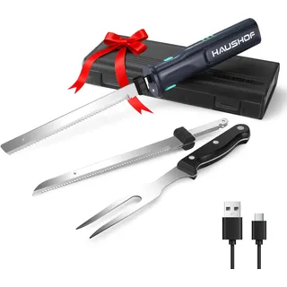 HAUSHOF Elektromesser, Kabelloses Küchenmesser mit 2 Edelstahlklingen, Elektrisches Messer mit Gabel, 2000 mAh Akku für Präzises Schneiden von Brot, Fleisch und Käse, mit Aufbewahrungsbox, Grau