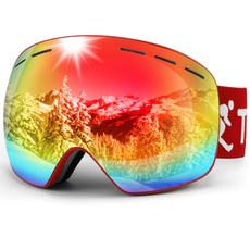 Trusiel Skibrille, Skibrille Damen Herren Anti-Fog Skibrillen OTG, Skibrille für Brillenträger, 400 UV-Schutz Schneebrille Kompatibler Helm (Rot (VLT 17%))